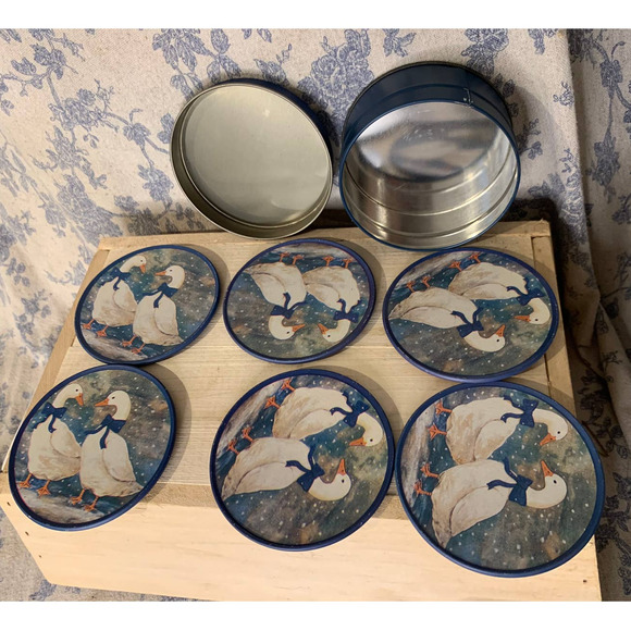 Vintage Set of 6 Duck Coasters with Storage Tin - Picture 3 of 9